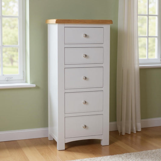 GROFurniture Painted Cashmere Grey Slim Wellington Chest of Drawers, Tallboy, 5 Deep Drawers, Oak Bedroom Furniture, Living room Storage, Fully