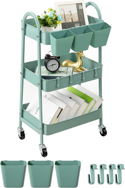 danpinera 3-Tier storage trolley, Metal storage cart with Lockable Wheels & Hanging Cups & Hooks, storage trolley on wheels for bathroom, kitchen