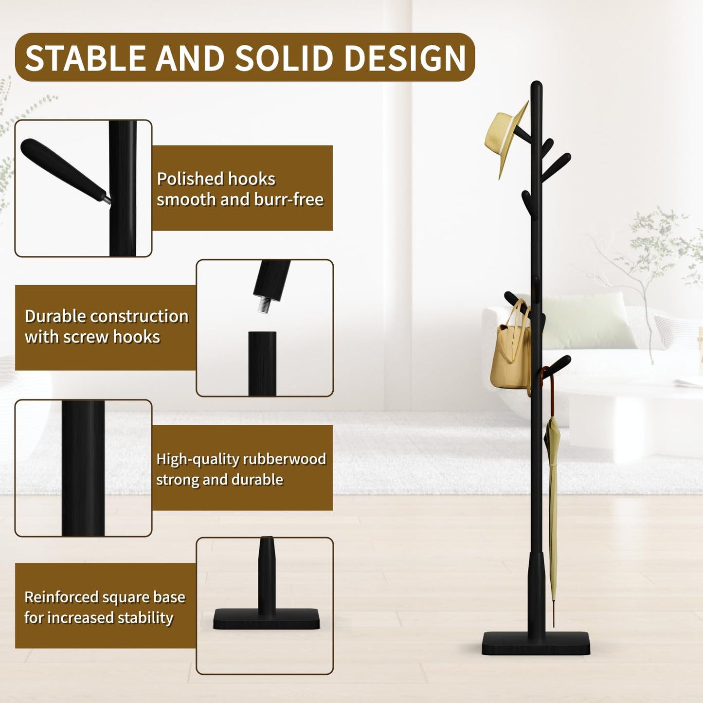 Awatiwa Solid Wood Square Base Coat Rack, Free Standing Hall Coat Tree with 8 Hooks（+2 spare for Coats, Hats, Bags, Purses, for Entryway, Hallway