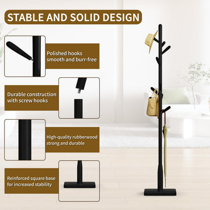 Awatiwa Solid Wood Square Base Coat Rack, Free Standing Hall Coat Tree with 8 Hooks（+2 spare for Coats, Hats, Bags, Purses, for Entryway, Hallway