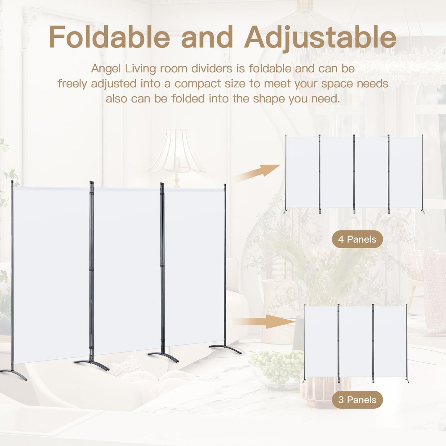 Angel Living 3 Panel Folding Room Divider Privacy Screen with Polyester Fabric & Sturdy Iron Frame Freestanding Partition for Office, Bedroom