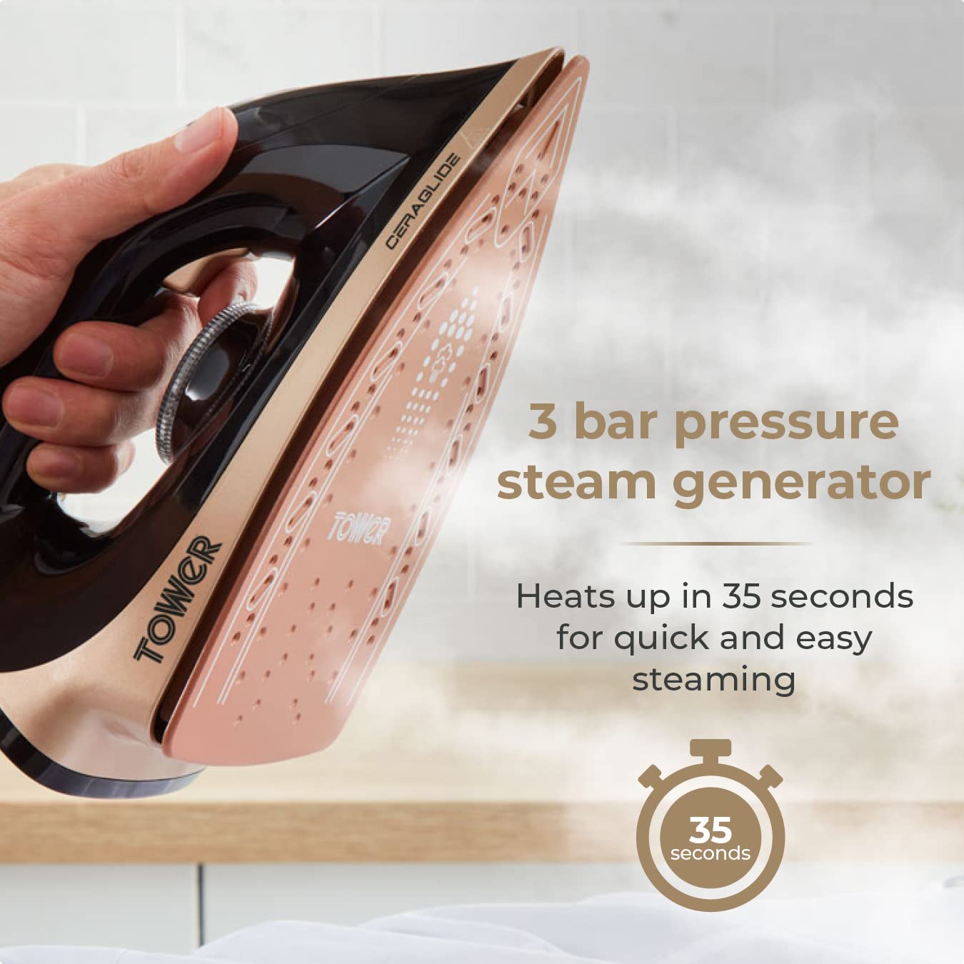 Tower T22023GLD Ceraglide Steam Generator with Steam Shot Button, 3 Temperature Settings, 1.2L, 2700 W, Champagne Gold and Black