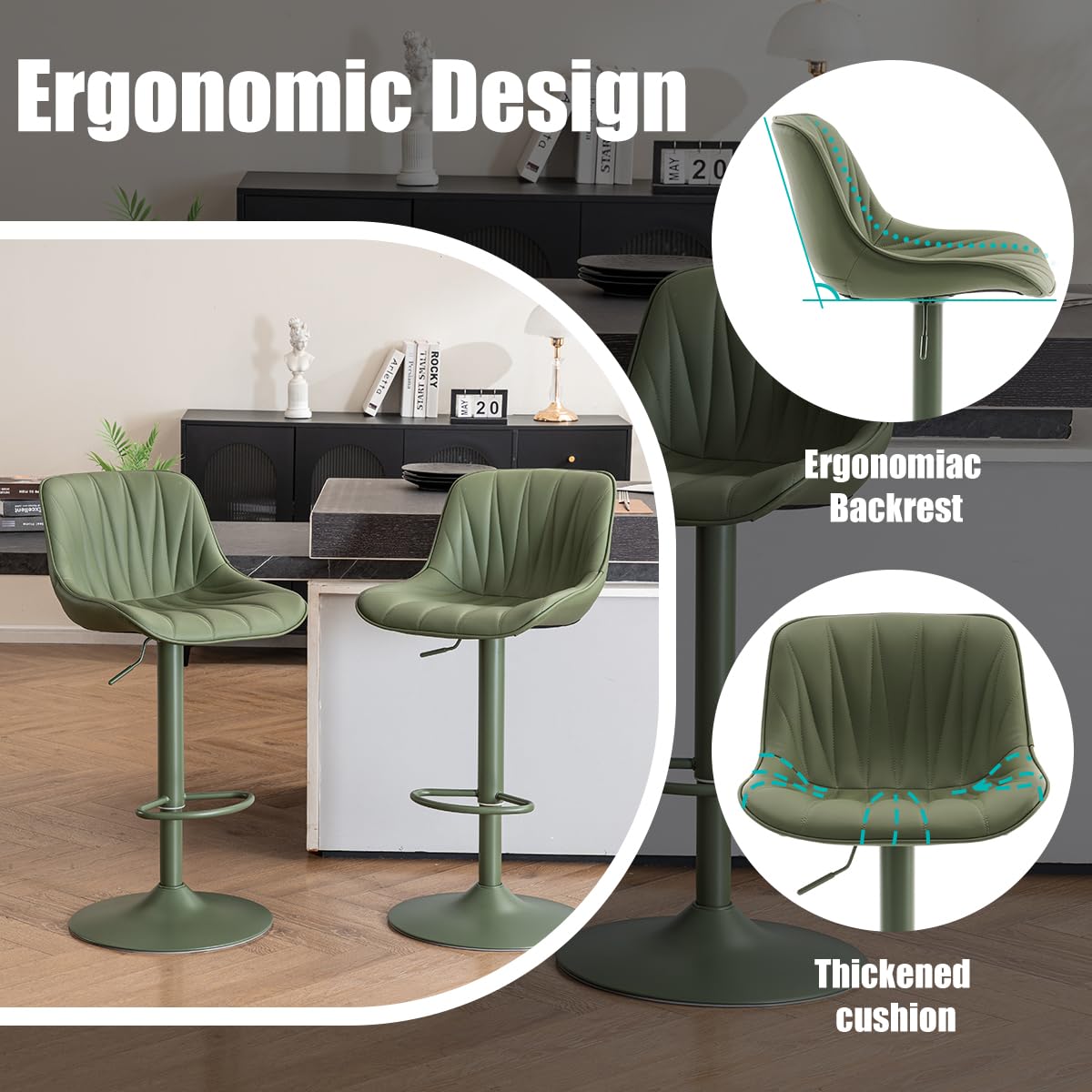 YOUNIKE Bar Stools Set of 2, Modern Upholstered Faux Leather Barstools with Back, Swivel Tall Adjustable Counter Height Bar Chairs