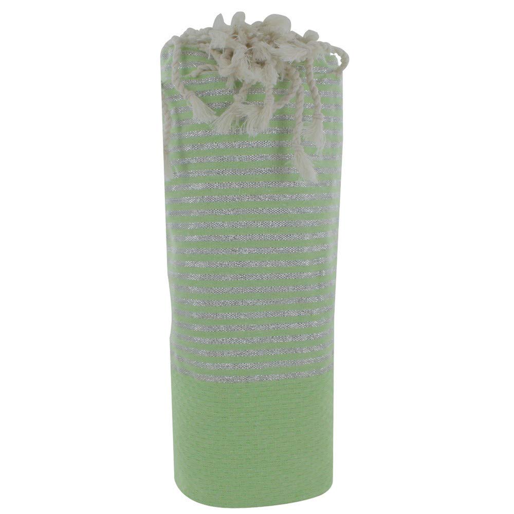 LES POULETTES BIJOUX - Towel Cotton Fouta Hammam or Beach Honeycomb Green Anise Color Silver Lurex Stripes