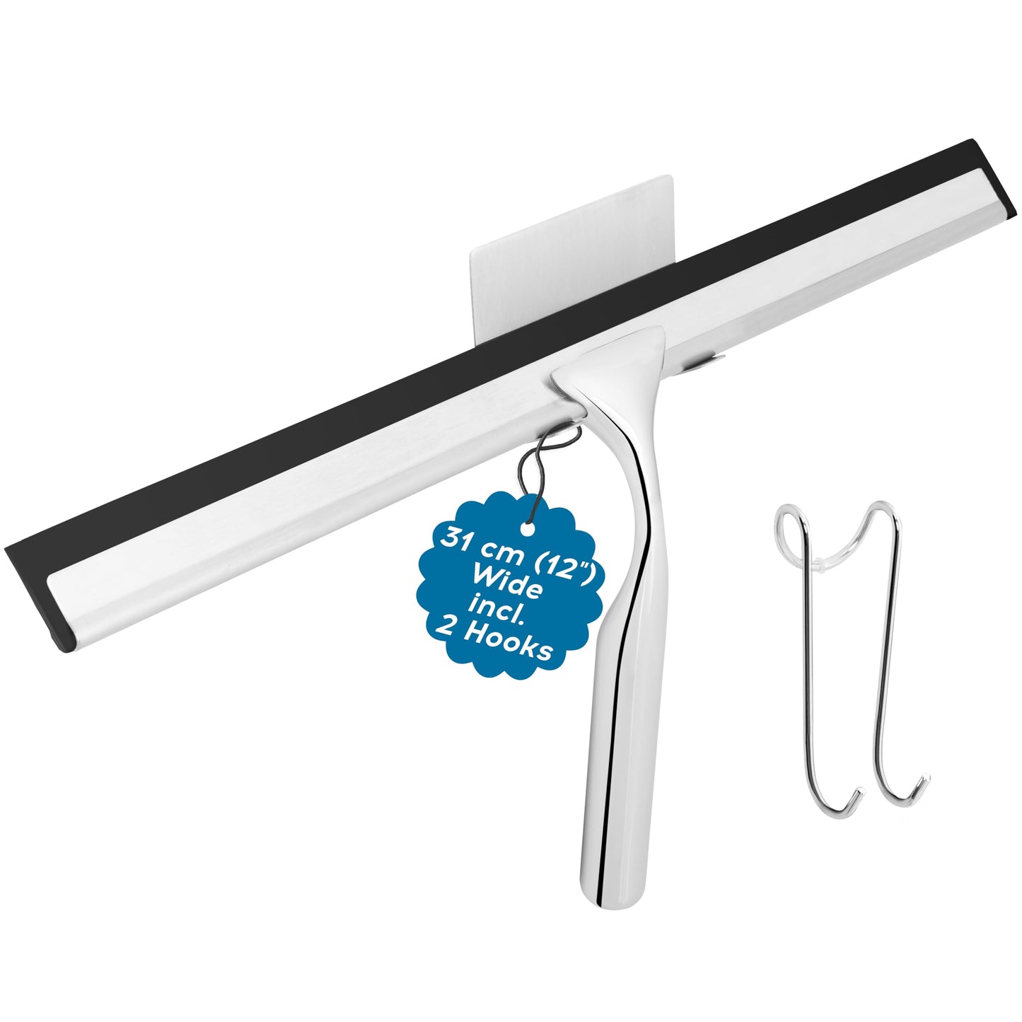 kowald Shower Squeegee Stainless Steel 31 cm Wide with 2 Different Hooks and Replacement Lip