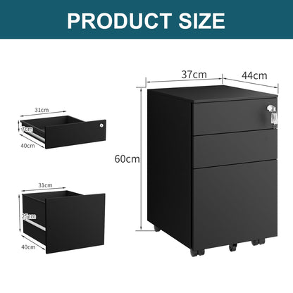 LVSTEEL 3-Drawer Mobile Filing Cabinet with Lock, Steel Office File Cabinet on Wheels, Under Desk Metal Cabinet for A4/Letter/Legal, Fully Assembled