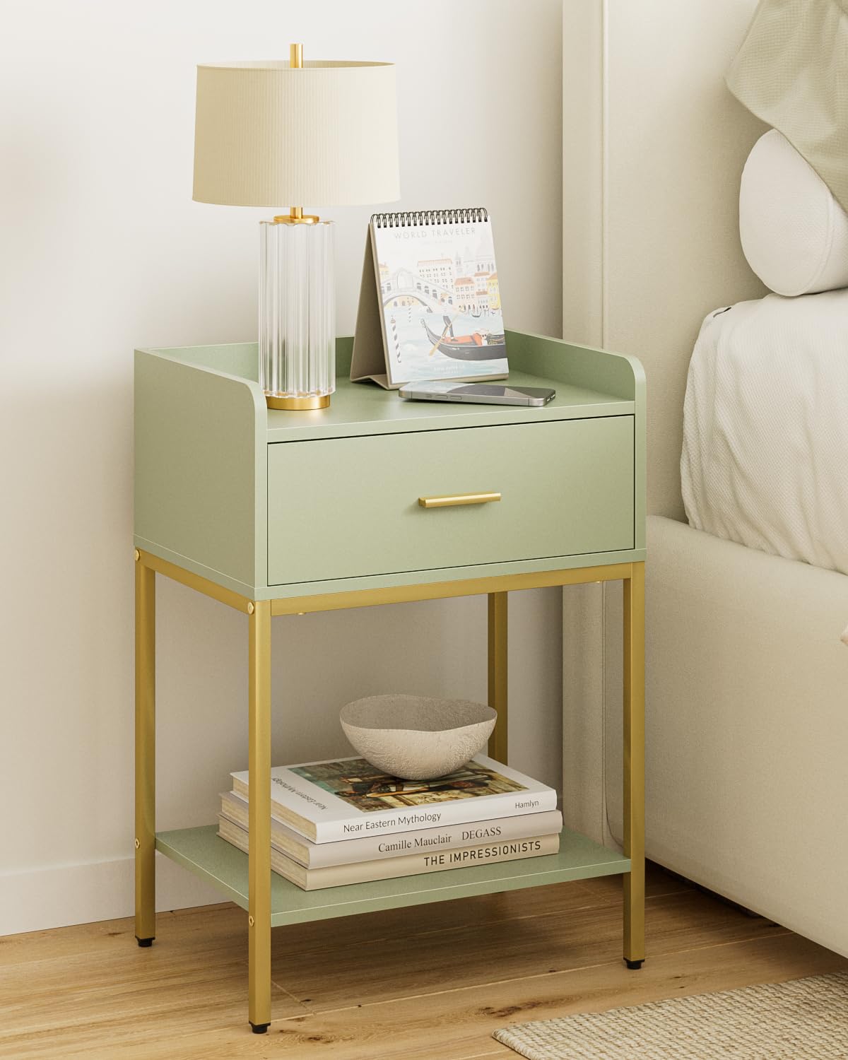 HEYZOEY Bedside Table, 3-tier Modern Bedside Table with Storage Drawer and Shelf, Small Side Table for Bedroom, Living Room, Green