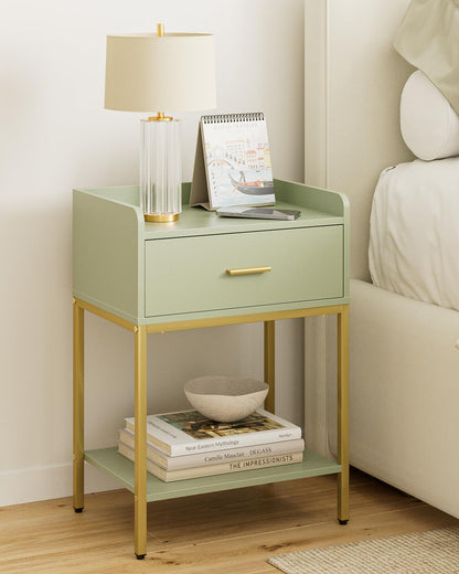 HEYZOEY Bedside Table, 3-tier Modern Bedside Table with Storage Drawer and Shelf, Small Side Table for Bedroom, Living Room, Green