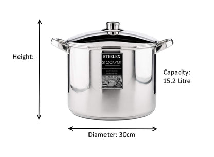 Stainless Steel Induction Stock Pot with Lid Large Deep Casserole Cooking Stockpot Mirror Polished Finish Soup Stew Home Brew Pot (30cm - 15.2 Litre)
