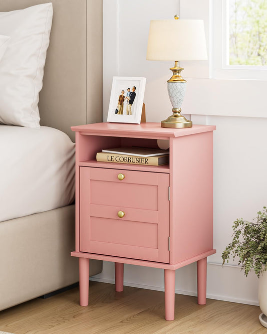 HEYZOEY Wooden Bedside Cabinet with Door & Open Top Shelf ? Side Table for Bedroom & Living Room,Fits Small Space (Pink 39?29?60 cm)