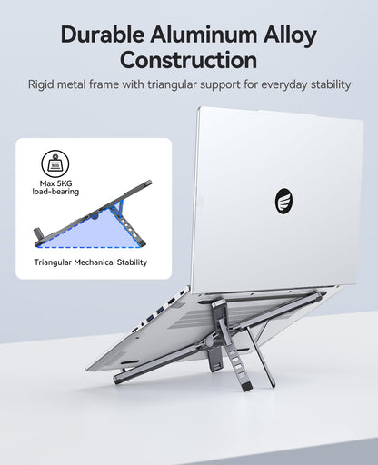 ORICO Portable Laptop Stand for Travel & Desk, Ultra-Compact Foldable Aluminum 3-in-1 Riser for Laptop, Tablet & Phone, 5 Adjustable Heights