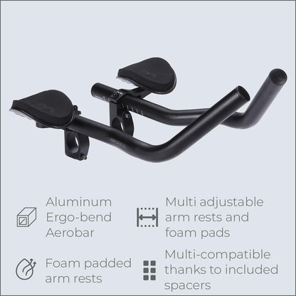 BBB Cycling AeroBase Aluminium Tri Bars Ergo-bend Aerobar for Road Bikes with Multi-adjustable EVA Arm Pads Compatible with 25.4/31.8 mm Bike