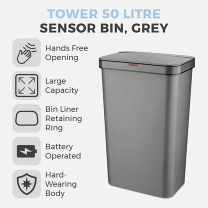 Tower T838005G Sensor Bin with Retainer Ring, Battery-Operated, 50L, Grey