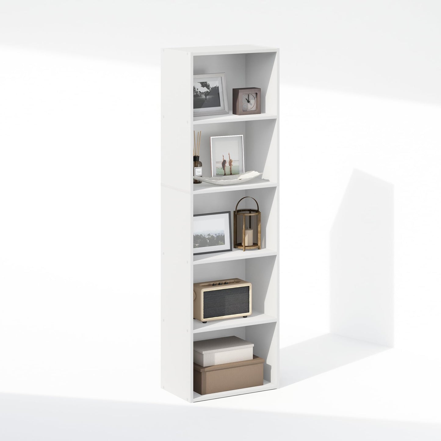 Furinno LUDER Book Shelf, 5-Cube Bookshelf, Bookcase with Open Shelf, 23.88 x 40.13 x 132.08 cm, for Living Room, Bedroom, Home Office, White