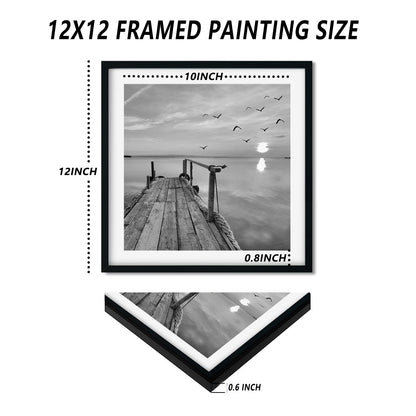 Black And White Wall Art - Sea And Beach In Sunrise Prints Wooden Framed 12x12 Inches Pictures Seascape Artwork 4PCS Boat Scenery Card Paper Paintings