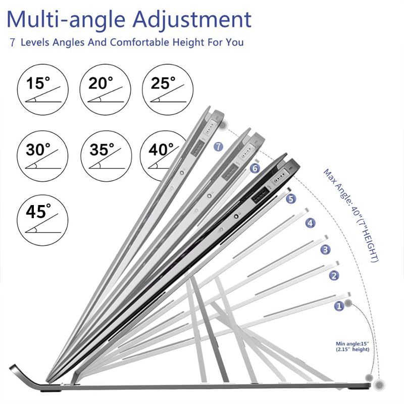 Aluminum Laptop Stand for Desk-7 Levels of Height Adjustable Laptop Stand. Foldable and Portable Laptop Riser. Compatible with MacBook Air/Pro, Dell