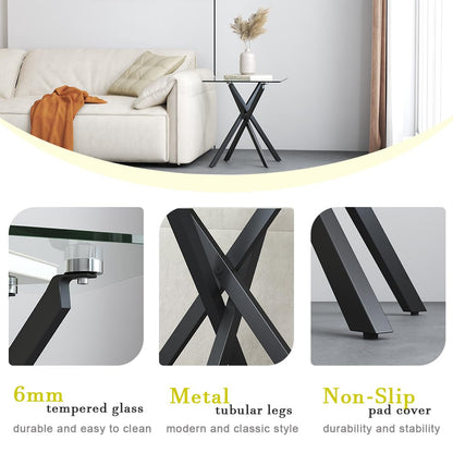 GOLDFAN Glass Side Table High Gloss Small Square End Table with Tempered Glass Top and Metal Tubular Legs, Modern Table for Office and Small Space