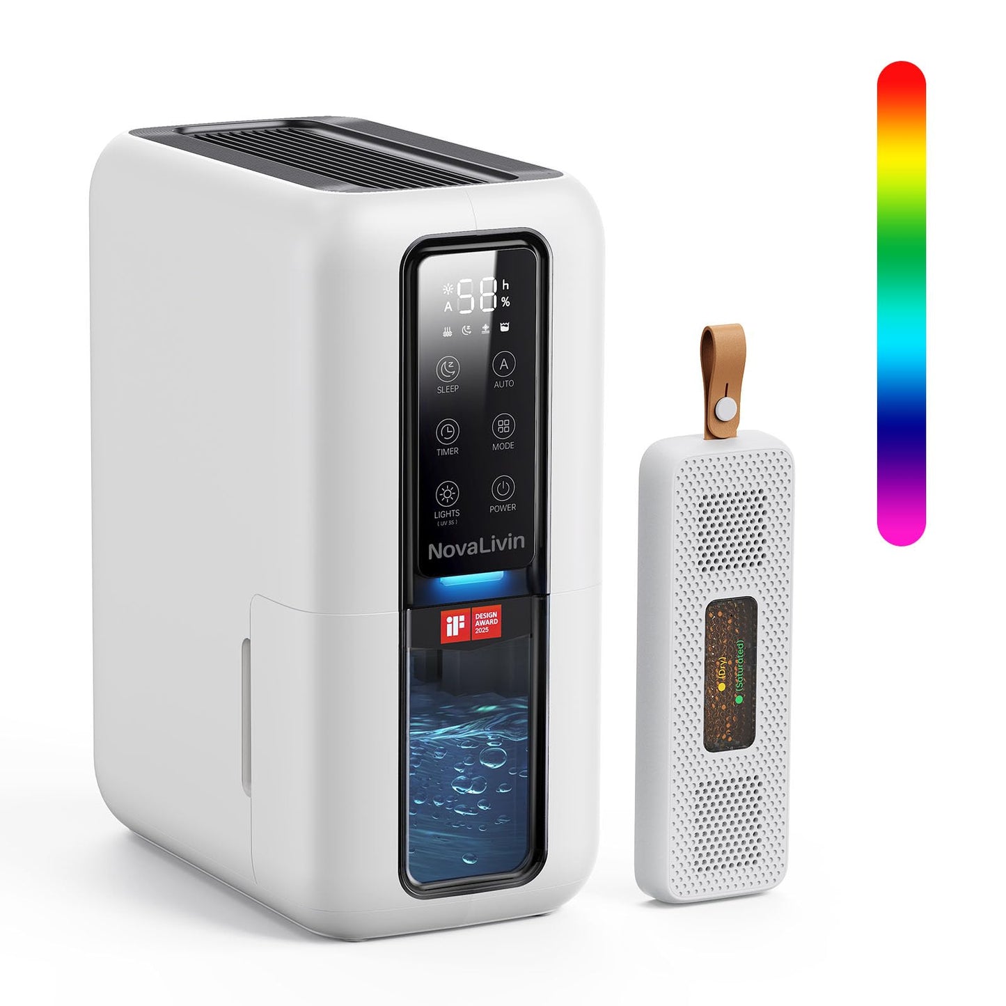 Dehumidifier for Bedroom, 2000ml Dehumidifier for home with Humidity Box, Auto shut off & Smart Humidity Control, 24-Hour Timer, 7 Colors LED Light,