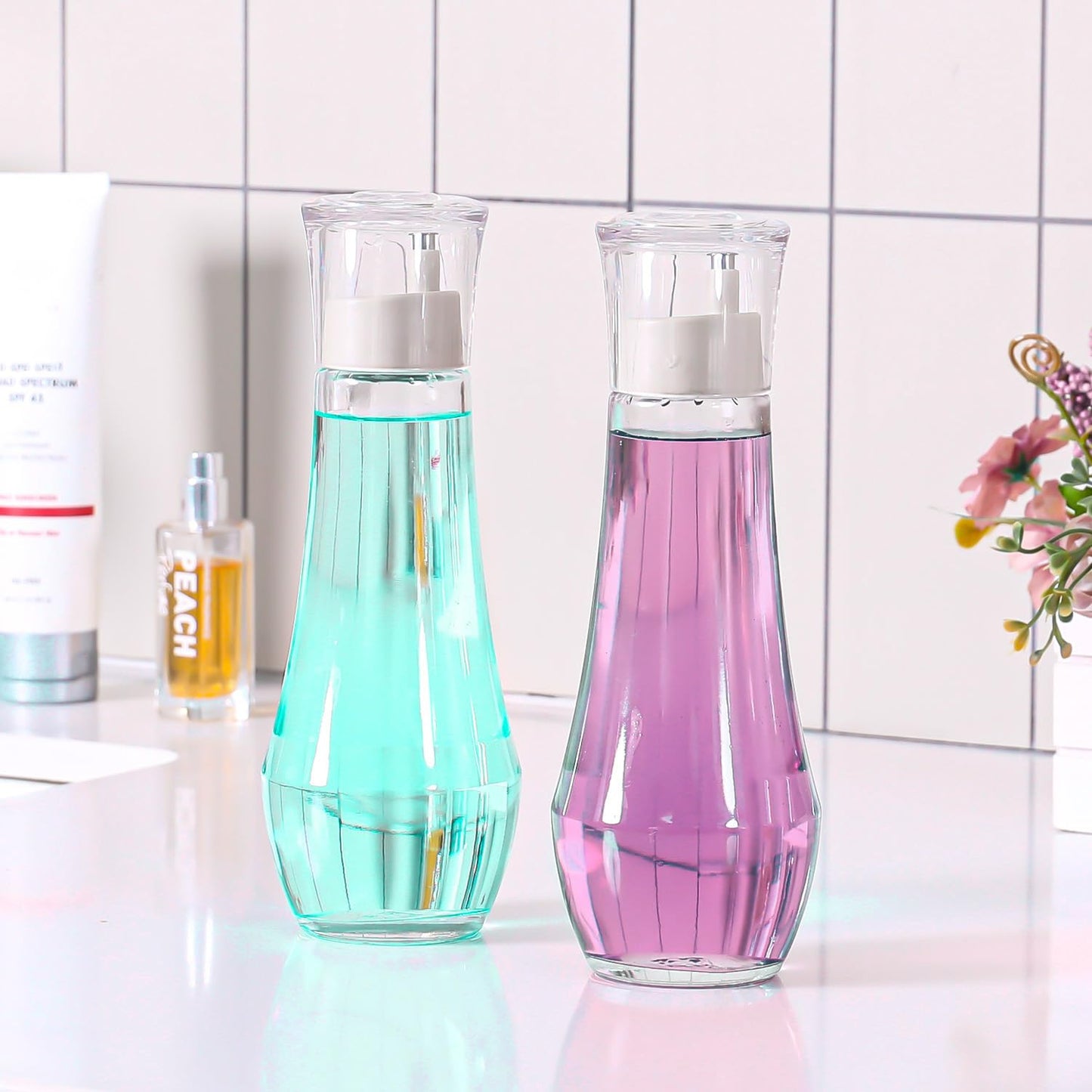 ZOBONETI Glass Mouthwash Dispenser with Cup, 8.8 OZ, Set of 2