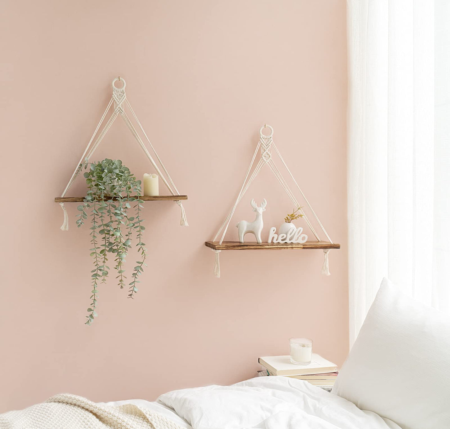 Mkono Macrame Hanging Shelves Boho Wall Decor Set of 2 Rustic Wood Floating Storage Shelf for Bedroom Bathroom Living Room Nursery Dorm Room