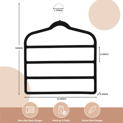 3 Pack Velvet Trouser Hangers - Space Saving, Non Slip for Jeans, Trousers, Leggings, Tie, Scarf and Towel - Multi Layer Pants Hanger for Clothes