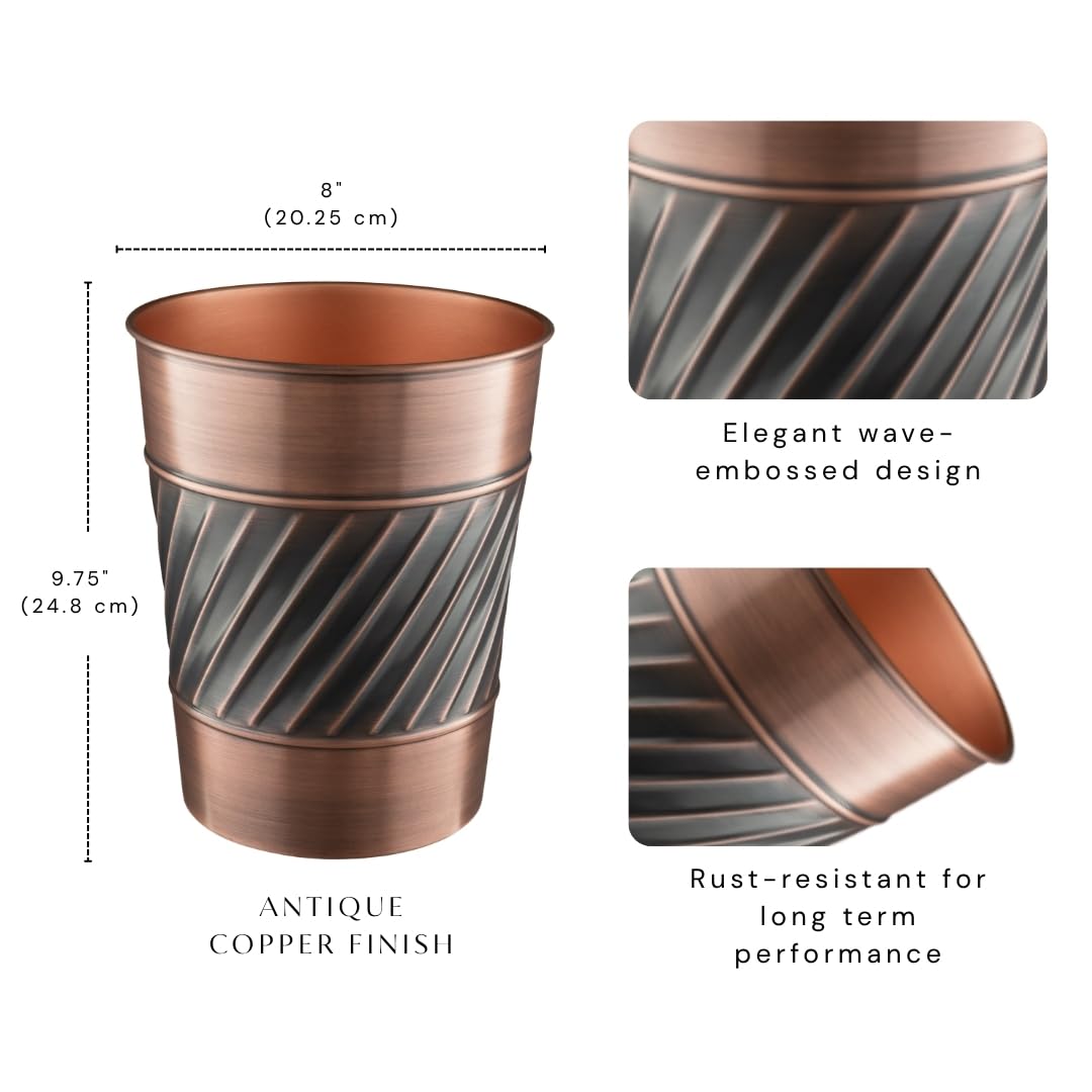 Monarch Abode 39628 Handcrafted, Wave Embossed, Metal Wastebasket Trash Can for Home Office Bedroom, Decorative Wastebasket, Modern Bathroom Decor