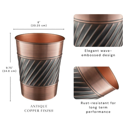 Monarch Abode 39628 Handcrafted, Wave Embossed, Metal Wastebasket Trash Can for Home Office Bedroom, Decorative Wastebasket, Modern Bathroom Decor