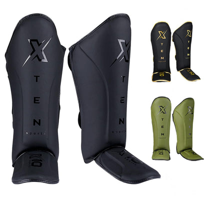 XTEN SPORTS Shin Guards Muay Thai, MMA, Gel Integrated Padding, Training Sparring, Boxing, Kickboxing, BJJ, Taekwondo Protective Gear, Matte Black, M