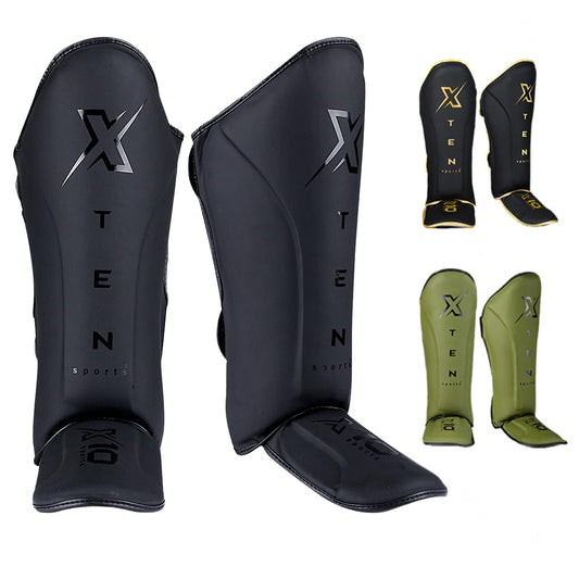 XTEN SPORTS Shin Guards Muay Thai, MMA, Gel Integrated Padding, Training Sparring, Boxing, Kickboxing, BJJ, Taekwondo Protective Gear, Matte Black, M
