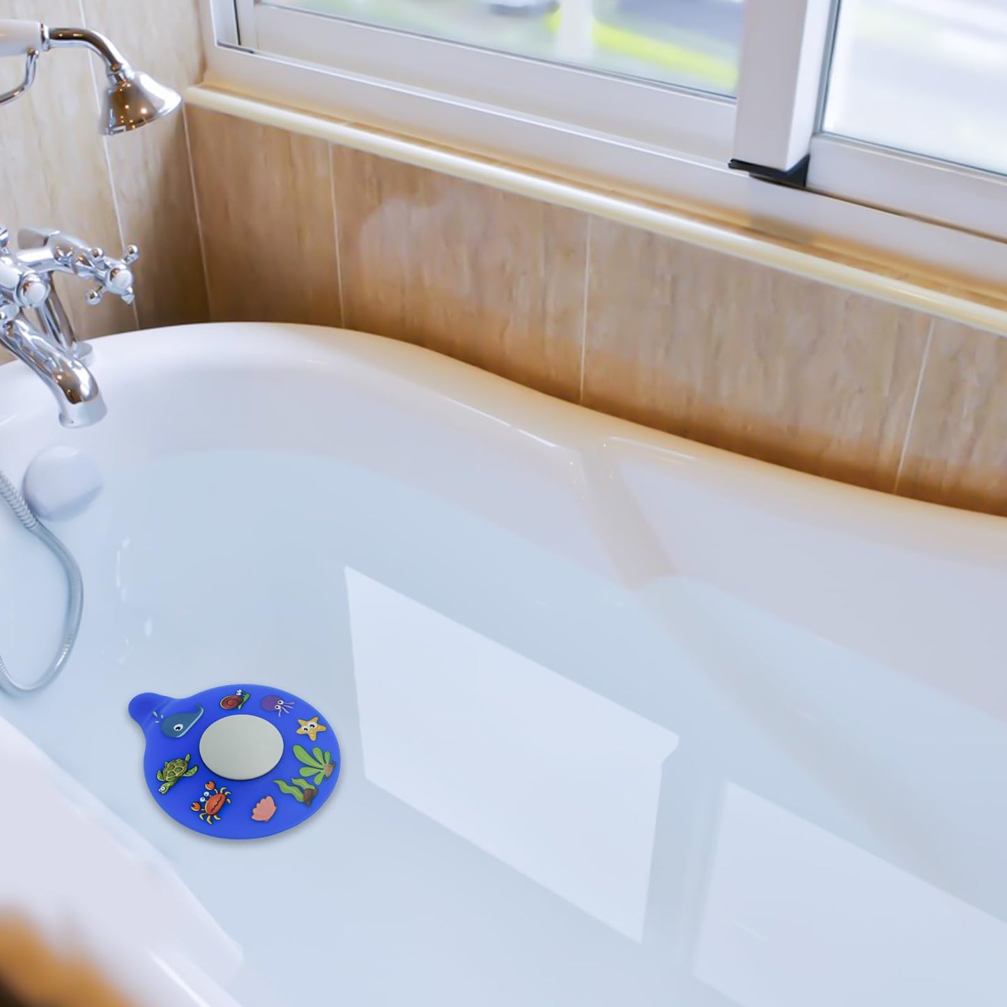 Silicone Bathtub Drain Stopper with Beach Scenery Print - Universal Tub Plug Cover, Beautiful Coral Reef Design - Ideal for Kids, Tots, Babies (Blue)
