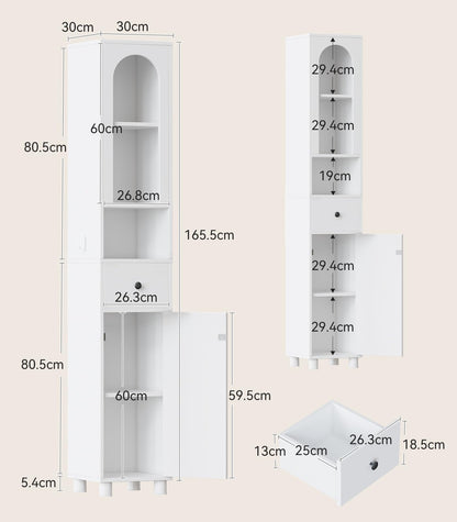 Coleshome Tall Bathroom Cabinet Slim Bathroom Storage White 30x30x171cm