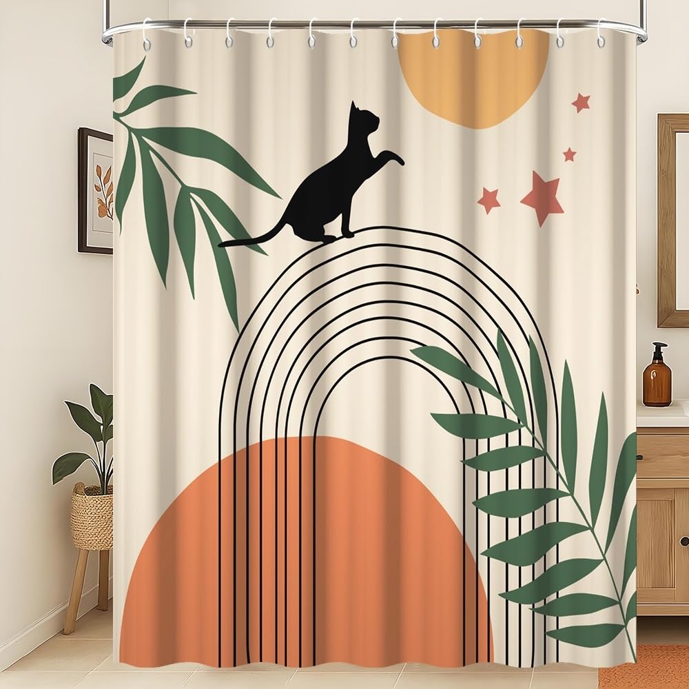 Xiaoterna Boho Shower Curtain Abstract Art Cat Bathroom Curtain Vintage Geometric Pattern Black Lines Green Leaves Sun Stars Cute Black Cat Mould and