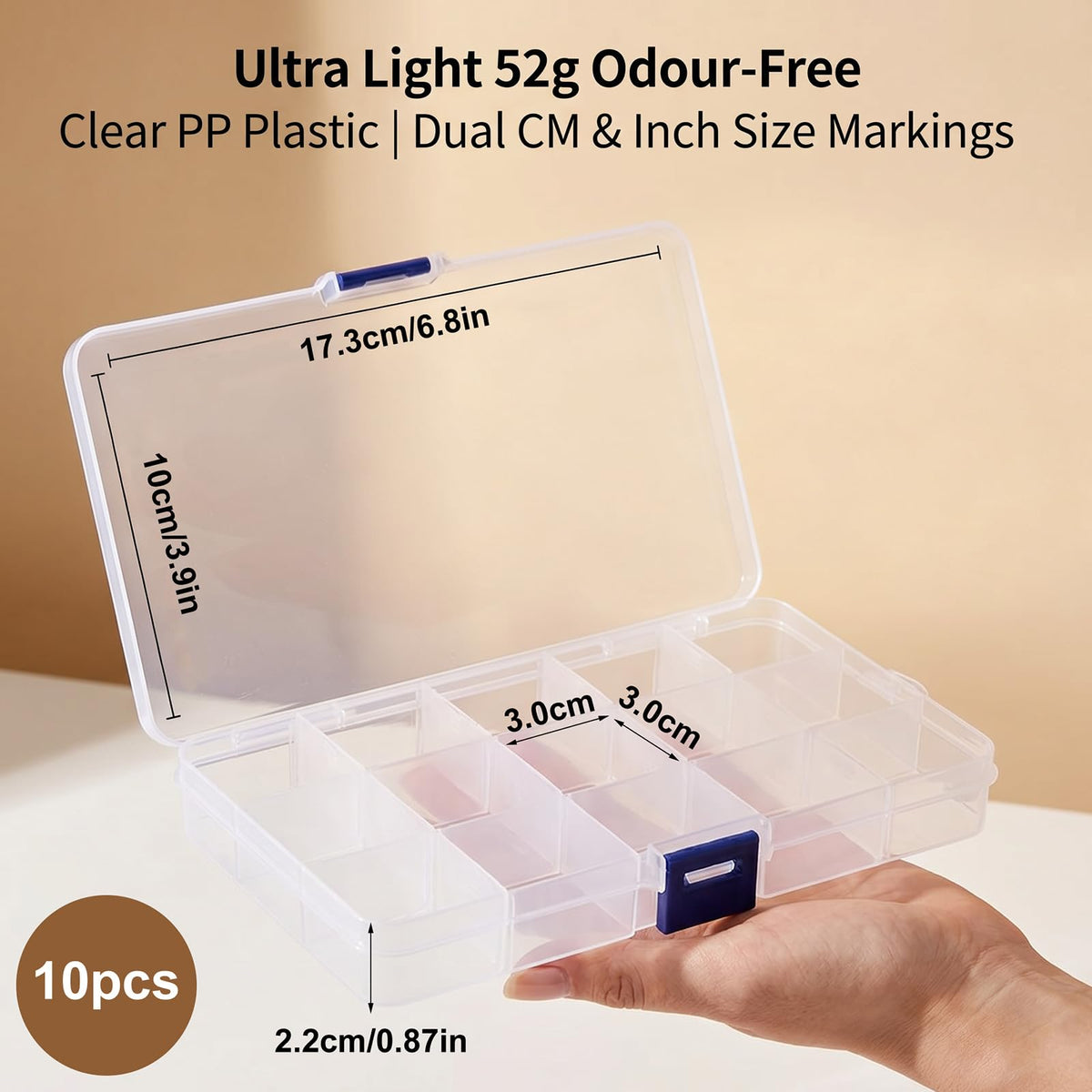 10 Pack Clear Plastic Storage Boxes with Lid, 15 Grids Adjustable Compartments Organiser Box