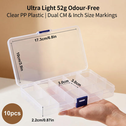 10 Pack Clear Plastic Storage Boxes with Lid, 15 Grids Adjustable Compartments Organiser Box