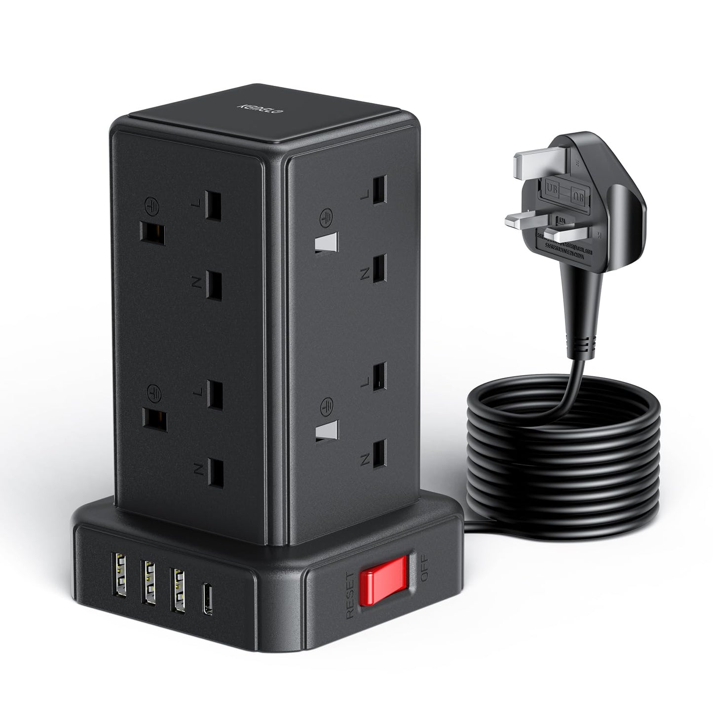 Kemelo Tower Extension Lead with 8 Way Multi Plug Extension Tower & 4 USB Ports (13A),Mini Power Strip with Switch, 5M Extension Cable Surge