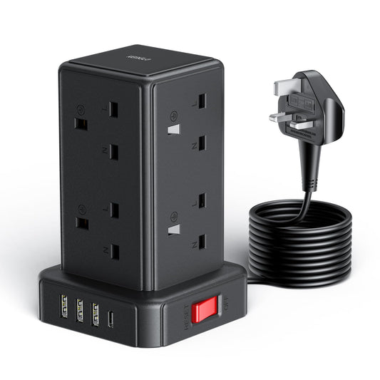Kemelo Tower Extension Lead with 8 Way Multi Plug & 4 USB Ports (13A 3250W), Mini Power Strip with Switch, 2M Extension Cable Surge Protection for