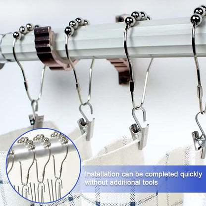 12 Pcs Stainless Steel Shower Curtain Hooks, Shower Curtains Rings, Shower-Rod Rail Rings for Bathroom Curtains Rods, Easy To Open, Close & Install