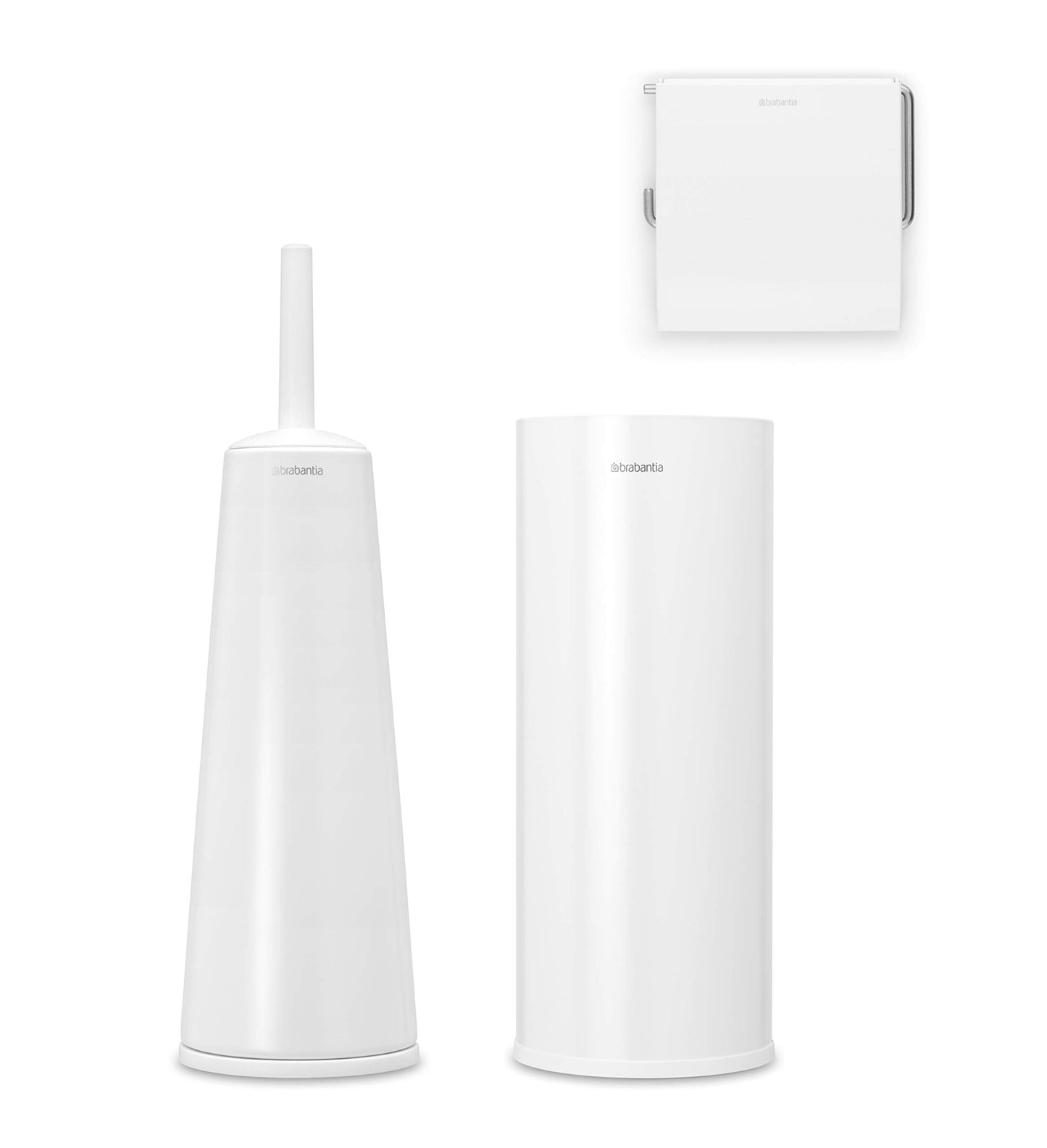 Brabantia 3 Piece Toilet Accessory Set, Toilet Brush & Holder, Toilet Roll Holder & Toilet Roll Dispenser (Drill/No Drill Wall Mounting), White