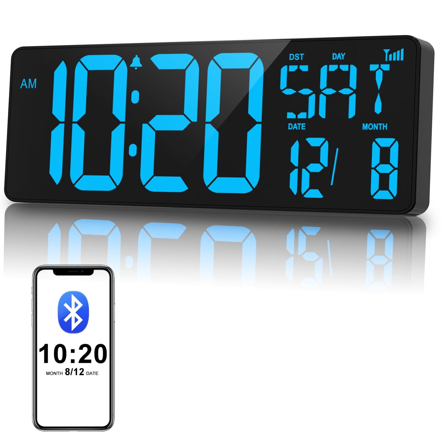 XREXS 17 Inch Large Digital Wall Clock with Bluetooth Function, Auto-sync Time, Adjustable Brightness, Clock with Time/Date/Temperature/Timer/Alarm
