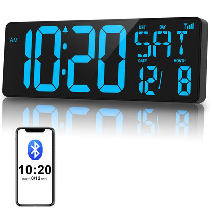 XREXS 17 Inch Large Digital Wall Clock with Bluetooth Function, Auto-sync Time, Adjustable Brightness, Clock with Time/Date/Temperature/Timer/Alarm