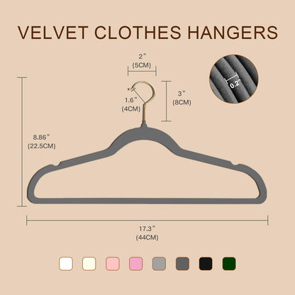 Wellong 36 Packs Velvet Clothes Hangers, 45cm Non-Slip Skirt and Dress Hangers With Shoulder Notches - Space Saving, Sturdy, Grey With Gold Hook