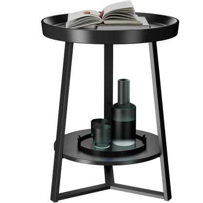 HOME BI Round End Table with Storage Shelf, 2 Tier Farmhouse Circle Side Table Nightstand for Living Room, Bedroom,Black Wood Grain
