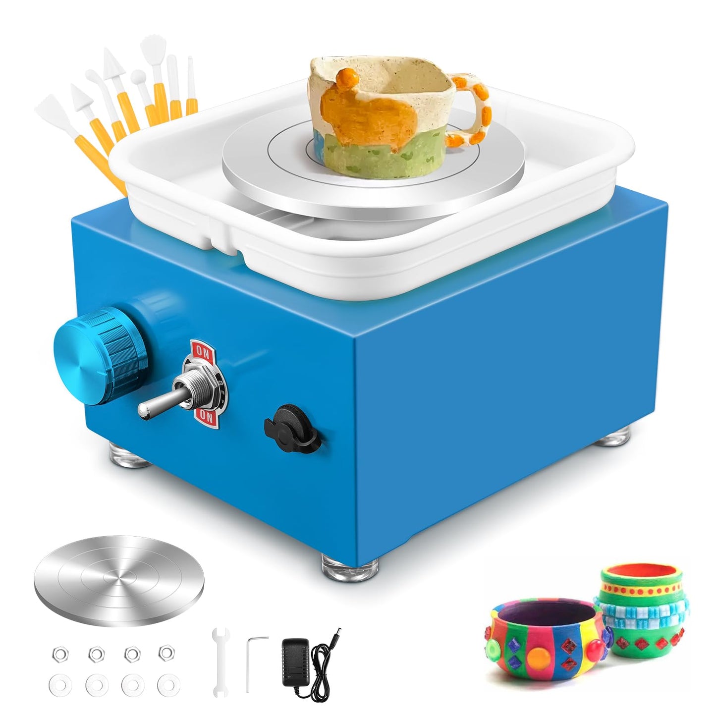Mini Electric Pottery Wheel, Couleeur 2000RPM & 10/6.5cm Plates Turntable Pottery Wheel, Adjustable Speed Pottery Wheel for Kids with Shaping Tools