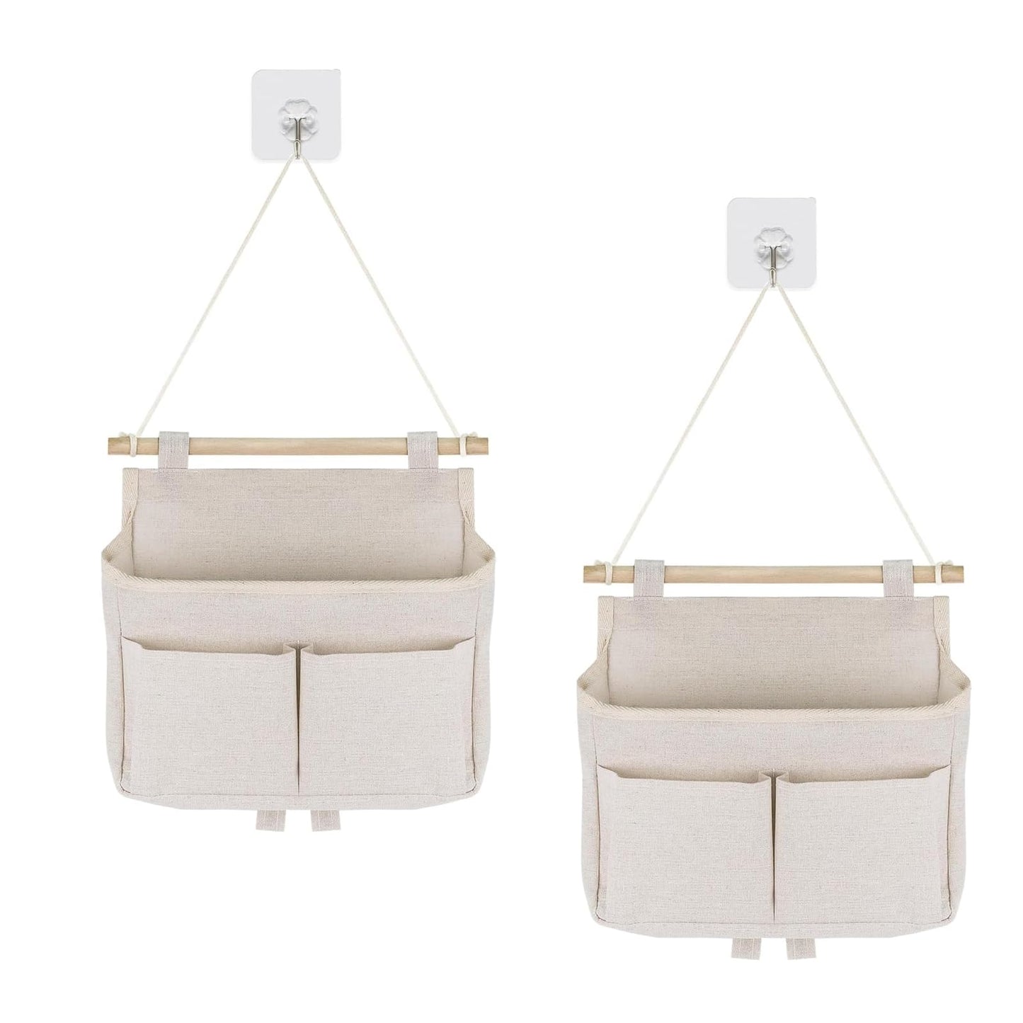 XoeLLe 2 Pcs Wall Hanging Storage Bags, Hanging Storage Organiser, Waterproof Hanging Shelves, Linen Cotton Bedside Storage, with 3 Pockets