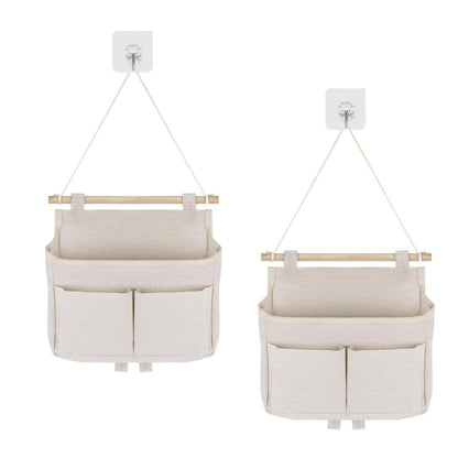 XoeLLe 2 Pcs Wall Hanging Storage Bags, Hanging Storage Organiser, Waterproof Hanging Shelves, Linen Cotton Bedside Storage, with 3 Pockets