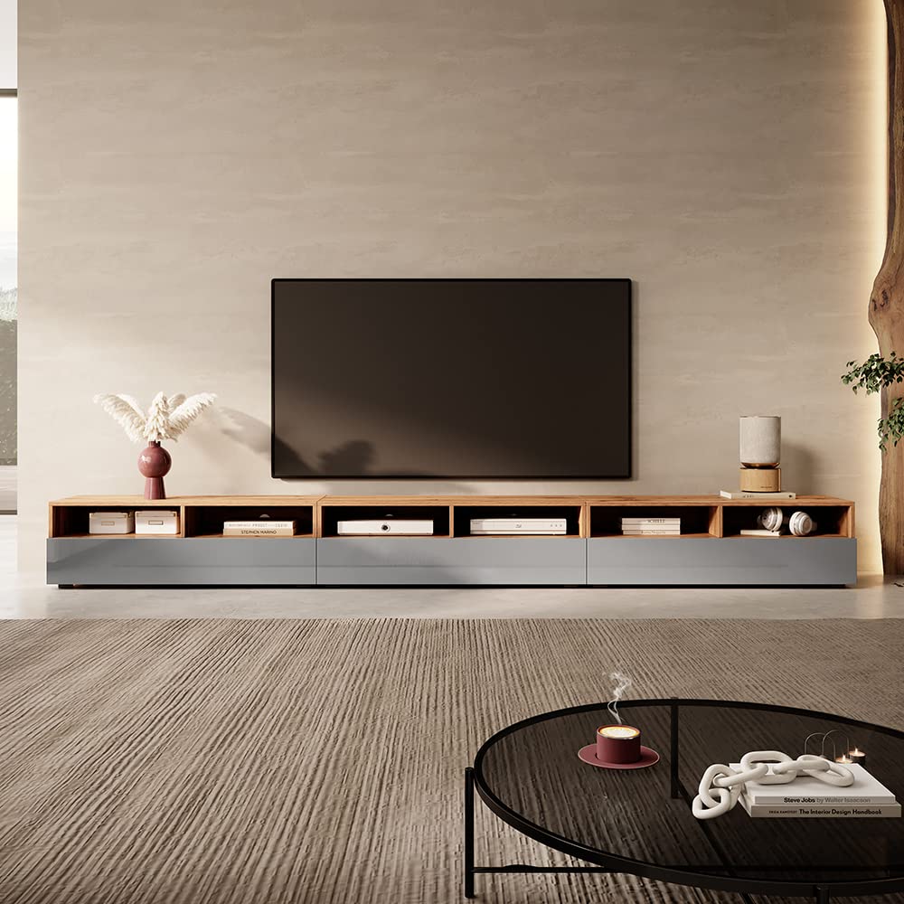 Selsey REDNAW - Modern TV Stand/TV Cabinet with 3 Drawers / 300 cm/Wotan Oak/Grey Gloss