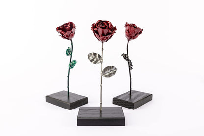 Forging Art Bcn Hand Forged Eternal Wrought Iron Rose with Base - Gift for Valentine's Day, Mother's Day, 6th Year Wedding Anniversary (Red/Silver)