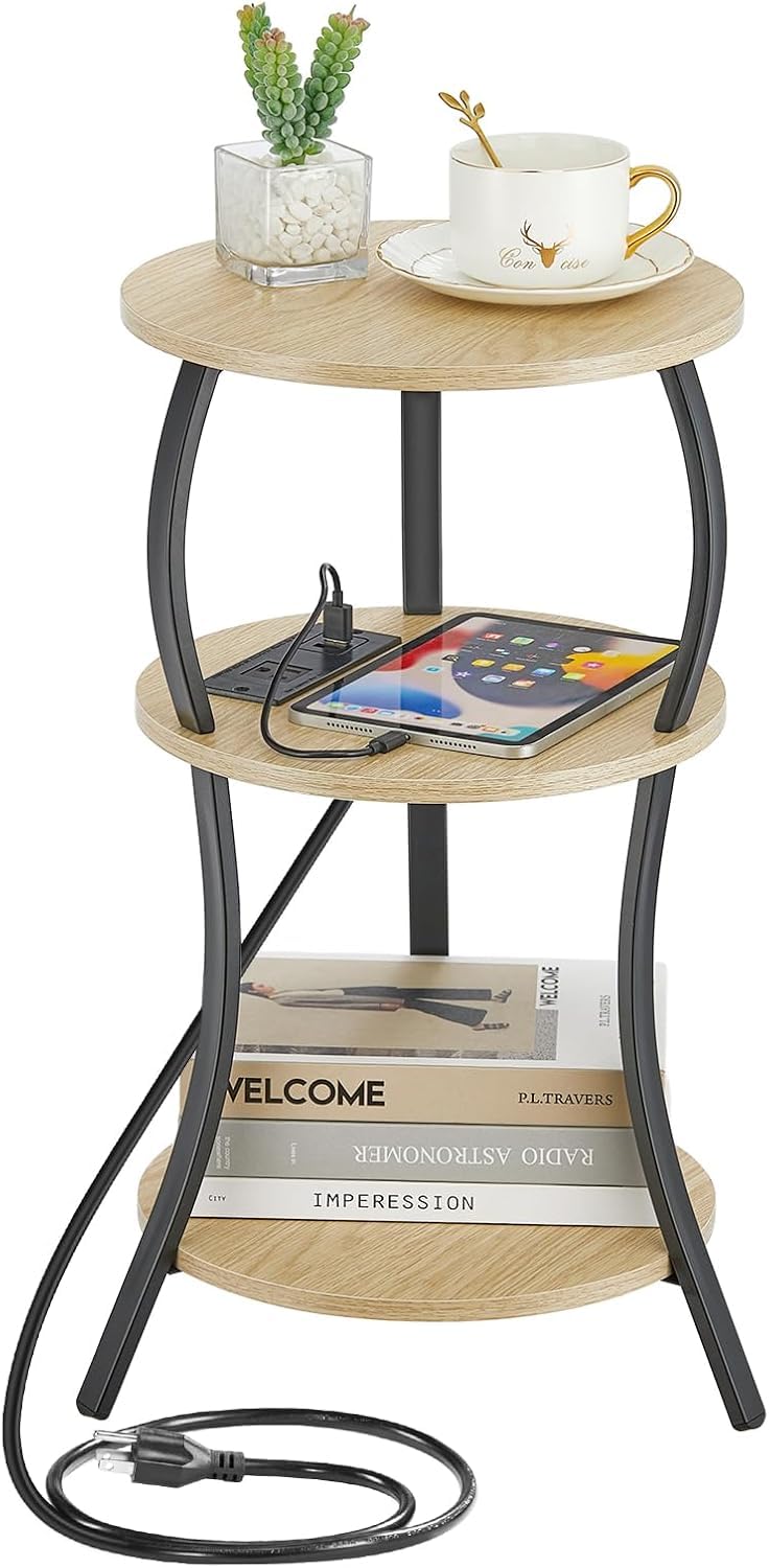 YEAKOO Small Side Table with Charging Station,3-Tier Round end Table