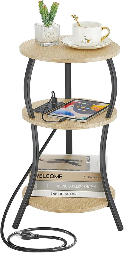 YEAKOO Small Side Table with Charging Station,3-Tier Round end Table