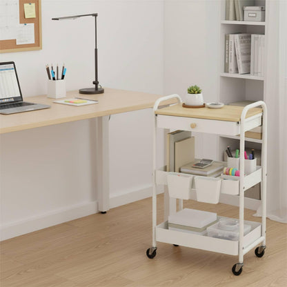 danpinera 3 Tier Rolling Cart, Metal Utility Cart with Wooden Table Top & Drawer, Rolling Carts, Storage Cart with Hanging Cups for Kitchen, Bathroom